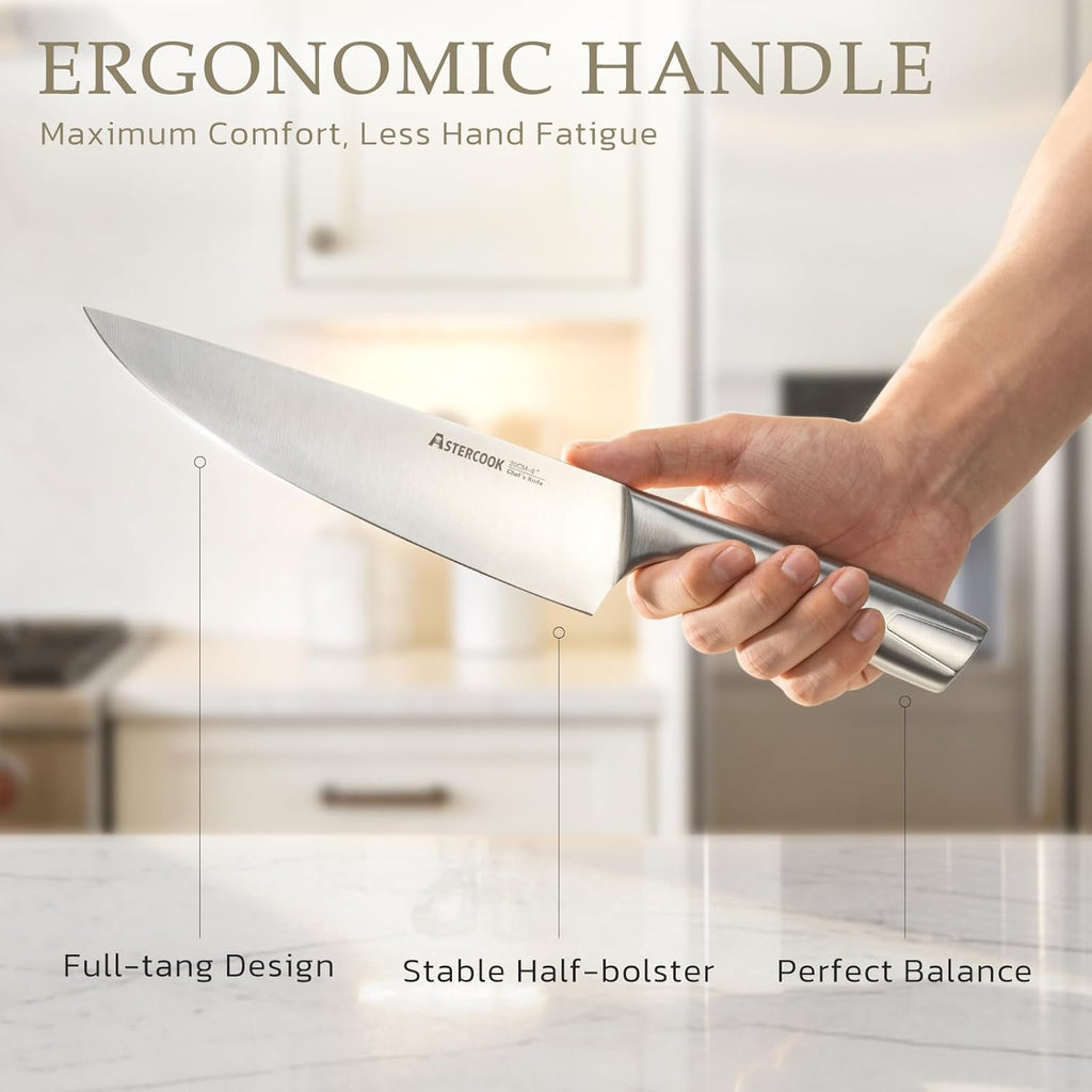 Astercook Knife Set, Kitchen Knives Set with Block and Sharpener Full Tang 15 Pcs Premium Stainless Steel Knives, Dishwasher Safe Knife Set with Anti-slip Ergonomic Handle, Walnut, Mothers Day Gifts