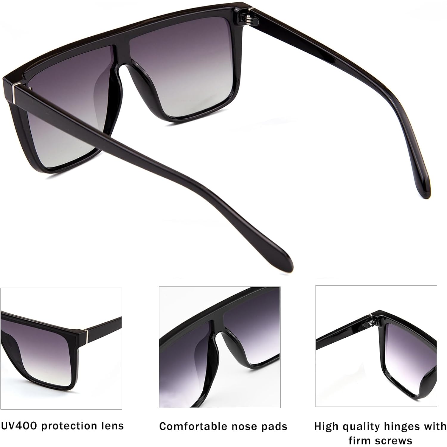 Luxury Square Sunglasses for Women Men Unisex Lightweight Trendy Flat Top Sun Glasses Shades Black/Faded Grey