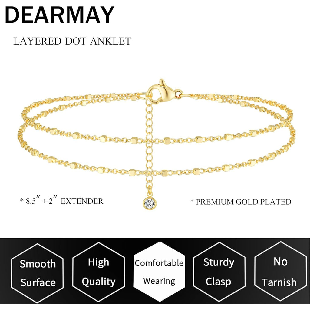 DEARMAY Dainty 14K Gold Plated Ankle Bracelets for Women, Waterproof 14K Gold Plated Link Chain Anklets Non Tarnish Set Pack Summer Beach Jewelry Gift
