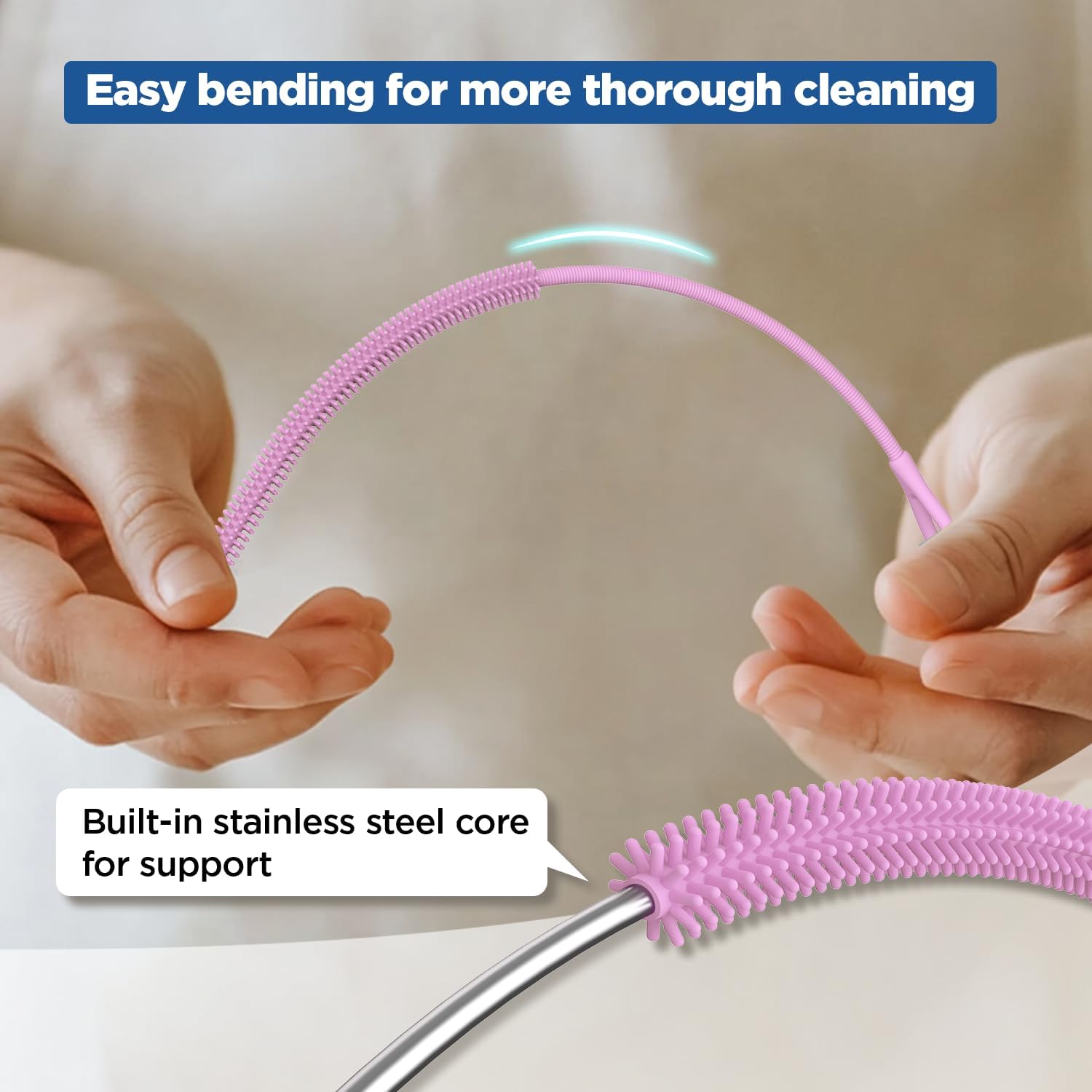 Silicone Straw Cleaner Brush, 2Pcs Reusable Straw Brush Extra Long For Cleaning Tumbler With Handle And Glass Metal Smoothie Straws, Non-Slip Handle Soft And Bendable, 6Mm+9Mm, Pink