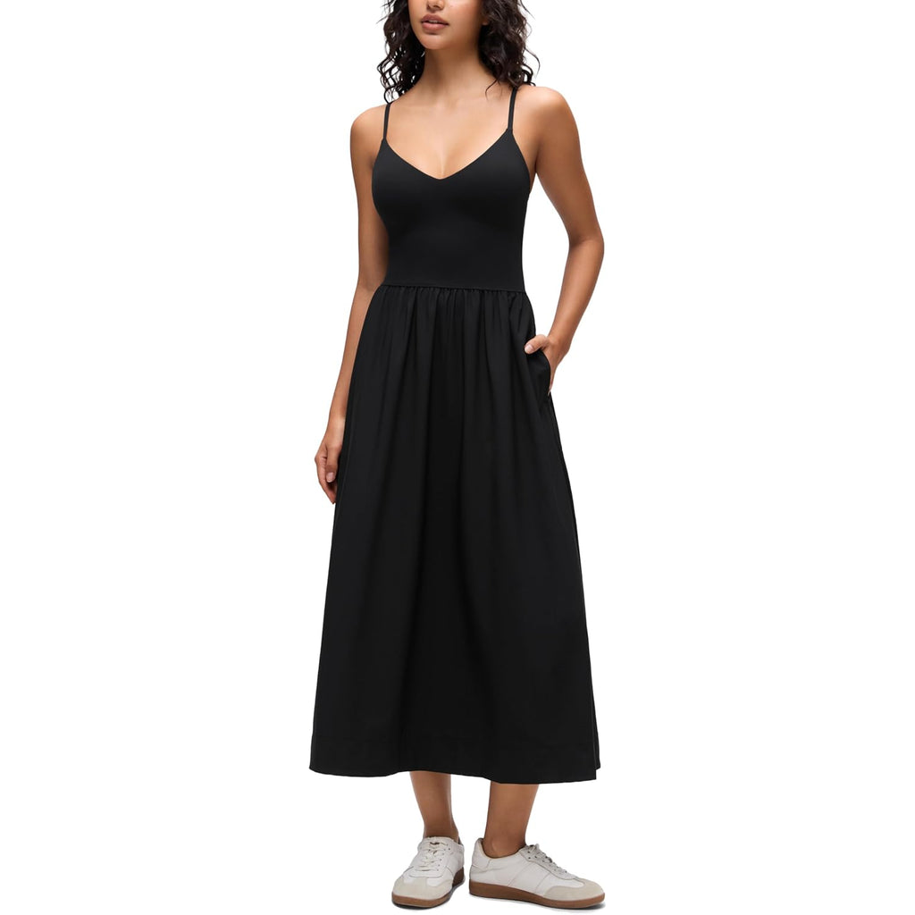 Crz Yoga V Neck Maxi Casual Tank Dress | Removable Pads, Flowy, Side Pockets, Adjustable Straps, Travel, Sleeveless, Outfits For Women