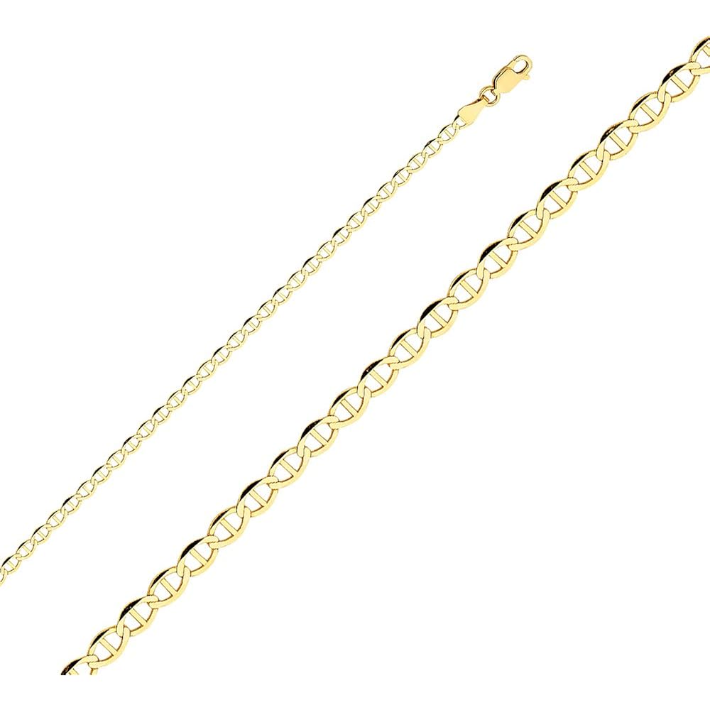 Ioka - 14K Yellow Solid Gold 3.4mm Flat Mariner Chain Necklace with Lobster Clasp