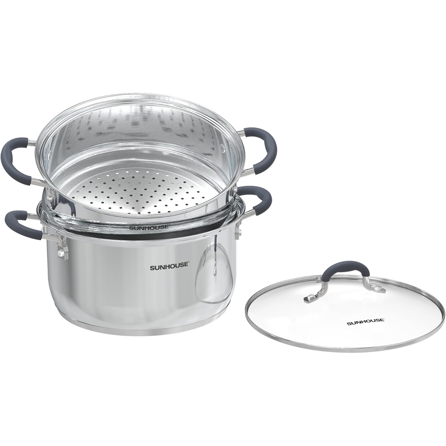Sunhouse 3.1 Qt Stainless Steel Steamer Pot For Cooking Vegetables | Steaming Pot With Glass Lid & Steamer Basket - 2 Tier Tri-Ply Stovetop Steamer For Vegetable, Veggie - Induction Compatible