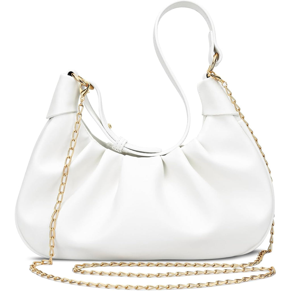 KKXIU Shoulder Bag Crescent Handbag Ruched Purse Underarm Bag Mini Hobo for Women,Detachable Gold Chain Crossbody Bag