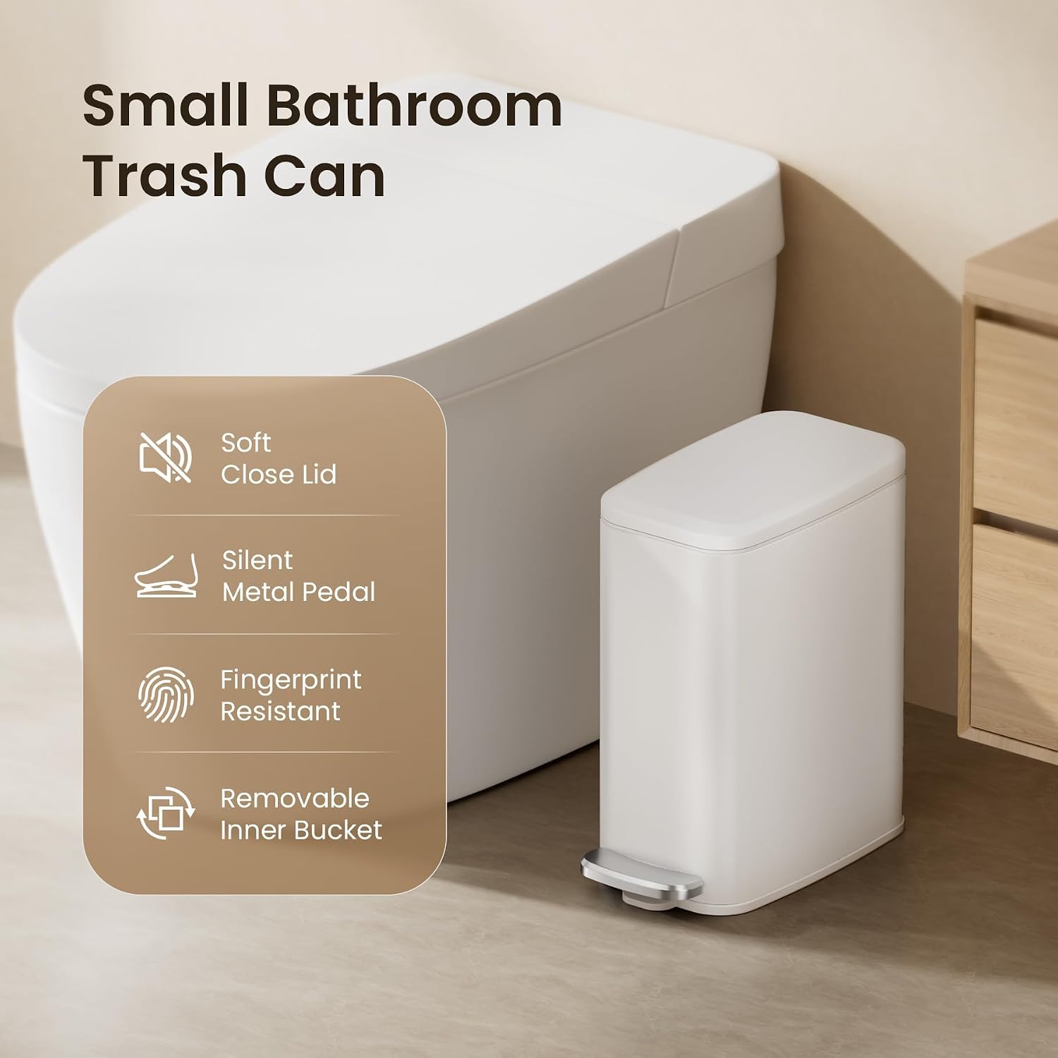 Cesun Slim Bathroom Trash Can With Lid Soft Close, 6L/1.6 Gallon Stainless Steel Small Garbage Can With Foot Pedal And Removable Inner Bucket, Slim Wastebasket For Bathroom, Office, Toilet (White)