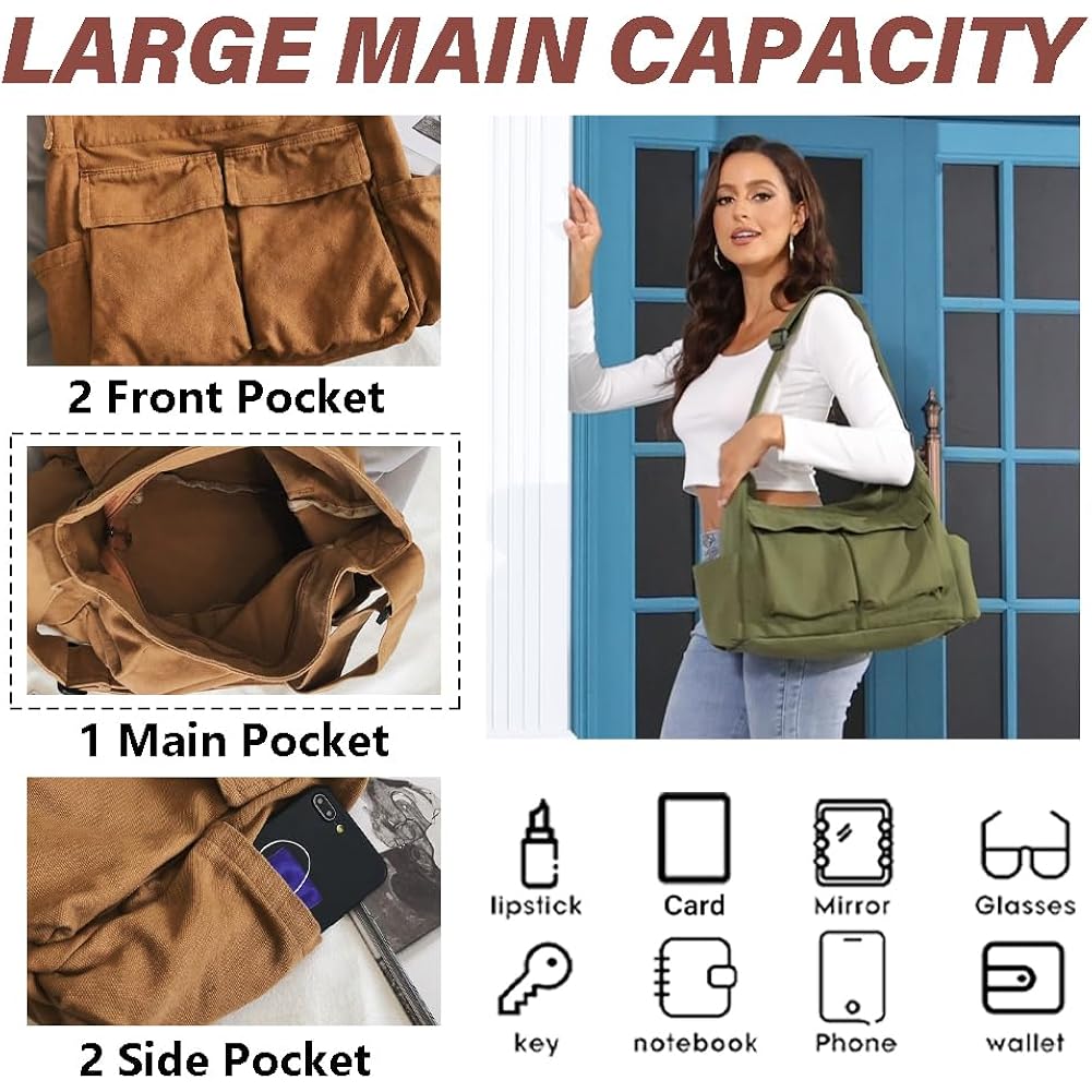 KlaOYer Canvas Messenger Bag Large Hobo Bag Crossbody Shoulder Bag Tote Bag with Pocket for Women and Men