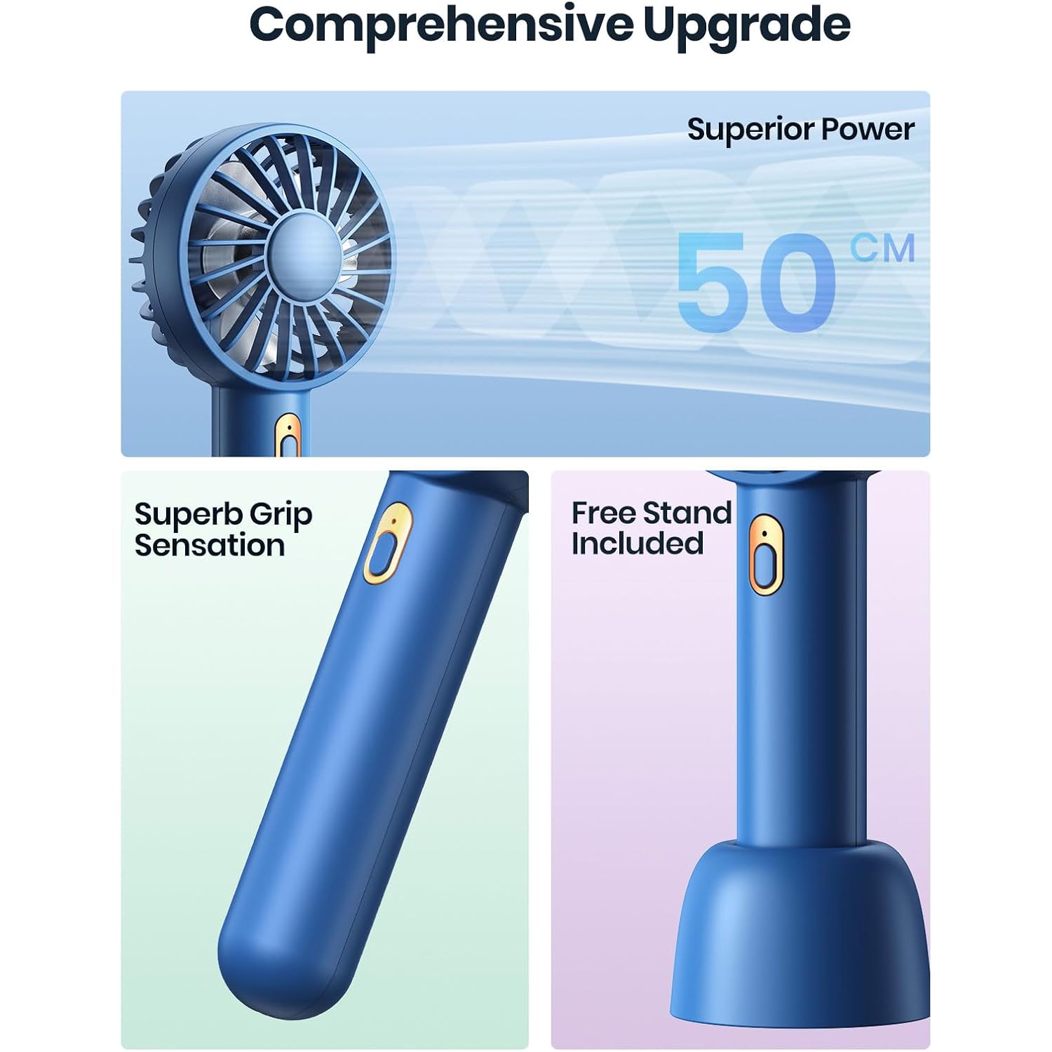 Warmco Mini Portable Fan 2-Pack - 3 Speed Rechargeable Handheld & Desk Fan With Base, Compact Cooling For Travel, Makeup, Summer Gift (Blue & Pink)