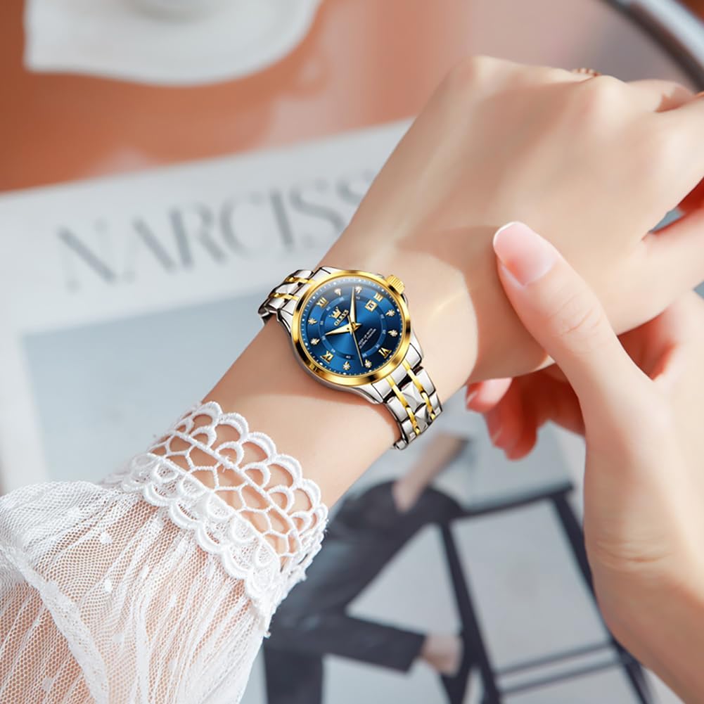 OLEVS Watch Women Two Tone Watches for Women with Date Dress Womens Watches for Medium Wrists Luxury Easy Read Womens Watch Waterproof Blue/Black/Gold/Silver Dial Reloj para Mujer Ideal Gift for Her