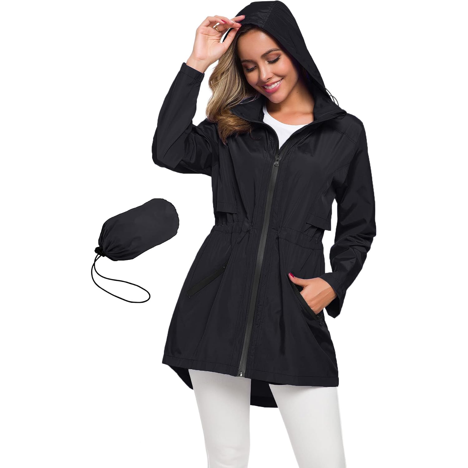 Women'S Long Raincoat With Hood Outdoor Lightweight Windbreaker Rain Jacket Waterproof