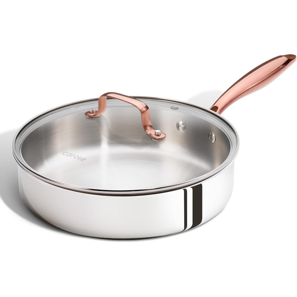 CAROTE 10" Tri-Ply Stainless Steel Deep Frying Pan with Lid, Non-Toxic Saute Pan, Oven Safe, Induction, Ceramic and Gas Cooktops Compatible, Silver