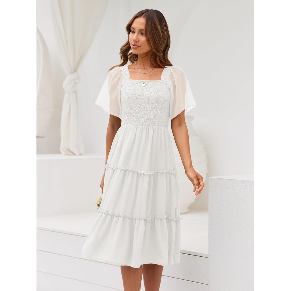 Lillusory Women'S Summer Casual Flutter Sleeve Square Neck Smocked Midi Dress