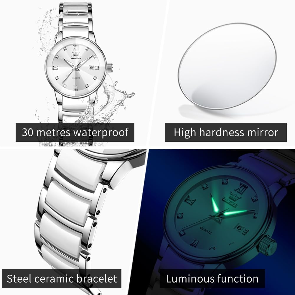 Olevs Women'S Watch Small Face Slim Ceramic And Stainless Steel Bracelet Luxury Diamond Accents Elegant Ladies Dress Wrist Watch Waterproof Luminous Quartz Jewelry Watches Gift For Women