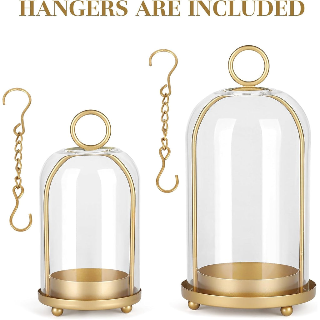 Versatile Metal Candle Holder Set with Handmade Glass Dome,Antique Brass Pillar Candle Stand, 5.2" & 4.1" Wide for Tabletop or Hanging, Industrial & Farmhouse Decor