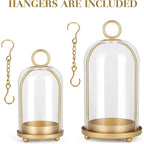 Versatile Metal Candle Holder Set with Handmade Glass Dome,Antique Brass Pillar Candle Stand, 5.2" & 4.1" Wide for Tabletop or Hanging, Industrial & Farmhouse Decor