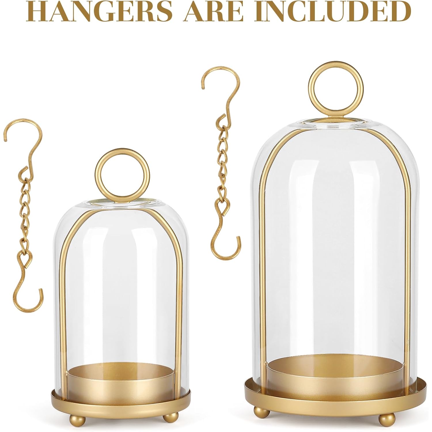 Versatile Metal Candle Holder Set with Handmade Glass Dome,Antique Brass Pillar Candle Stand, 5.2" & 4.1" Wide for Tabletop or Hanging, Industrial & Farmhouse Decor