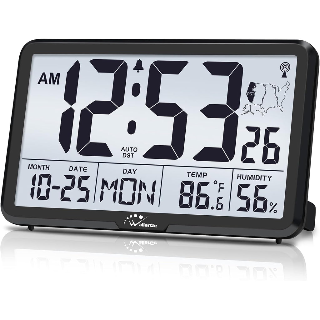 Atomic Wall Clock With Backlight, Digital Wall Clock Battery Operated For Classroom, Bedroom, Office, Large Display With Indoor Temperature, Humidity, Date, Auto Dst, 6 Time Zones