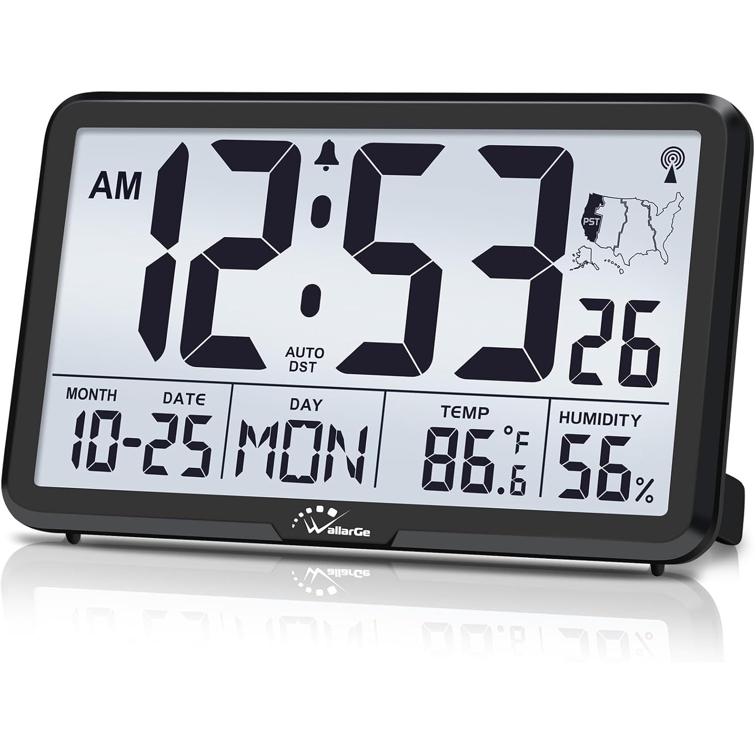 Atomic Wall Clock With Backlight, Digital Wall Clock Battery Operated For Classroom, Bedroom, Office, Large Display With Indoor Temperature, Humidity, Date, Auto Dst, 6 Time Zones
