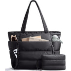 Bagstellar Puffer Tote Bag for Women, Lightweight Puffy Work Handbag Teacher Nurse Quilted Shoulder Bag for School Travel Gym | Cloud Bag w/ Zipper, Daily College Bags, 15.6" Computer Bag, Clinical Nursing Bag, 40 OZ Tumbler Holder, Ideal Gift for Women