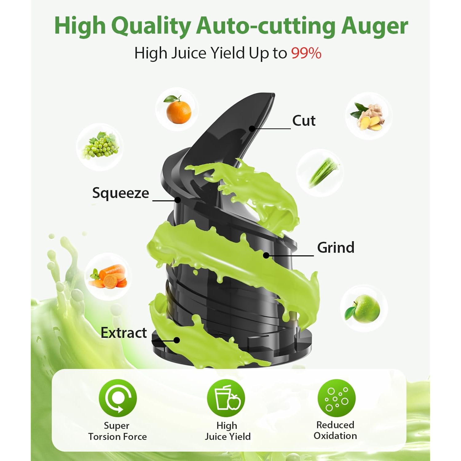 ECOSELF Juicer Machines Easy to Clean, With Wide Mouth & Large Feed Chute For Whole Fruits & Vegetables, Slow Masticating Juicer Hands-Free, Quiet Motor, Cold Press Juicer For Family, With Pusher