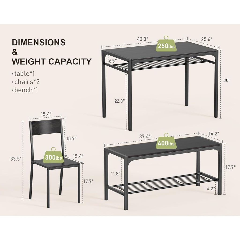 Gizoon Kitchen Table And 2 Chairs For 4 With Bench, 4 Piece Dining Table Set For Small Space, Apartment