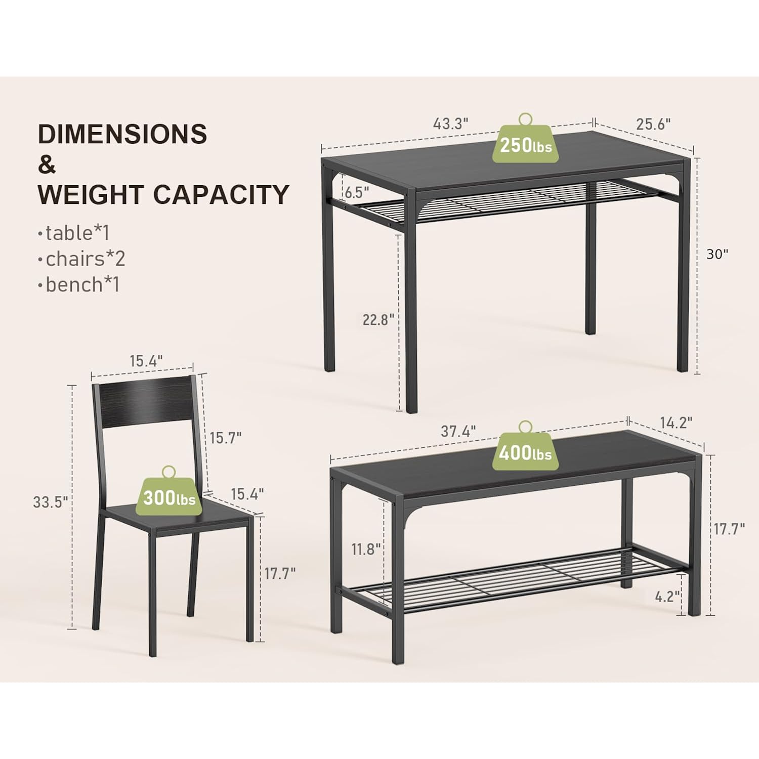 Gizoon Kitchen Table And 2 Chairs For 4 With Bench, 4 Piece Dining Table Set For Small Space, Apartment