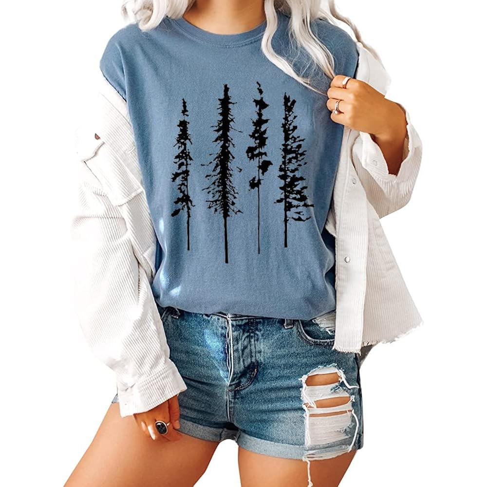 Funny Graphic Women Skinny Pine Tree Shirt Summer Hiking Camping Athletic Tees Nature Casual Comfy Clothes Ink Blue
