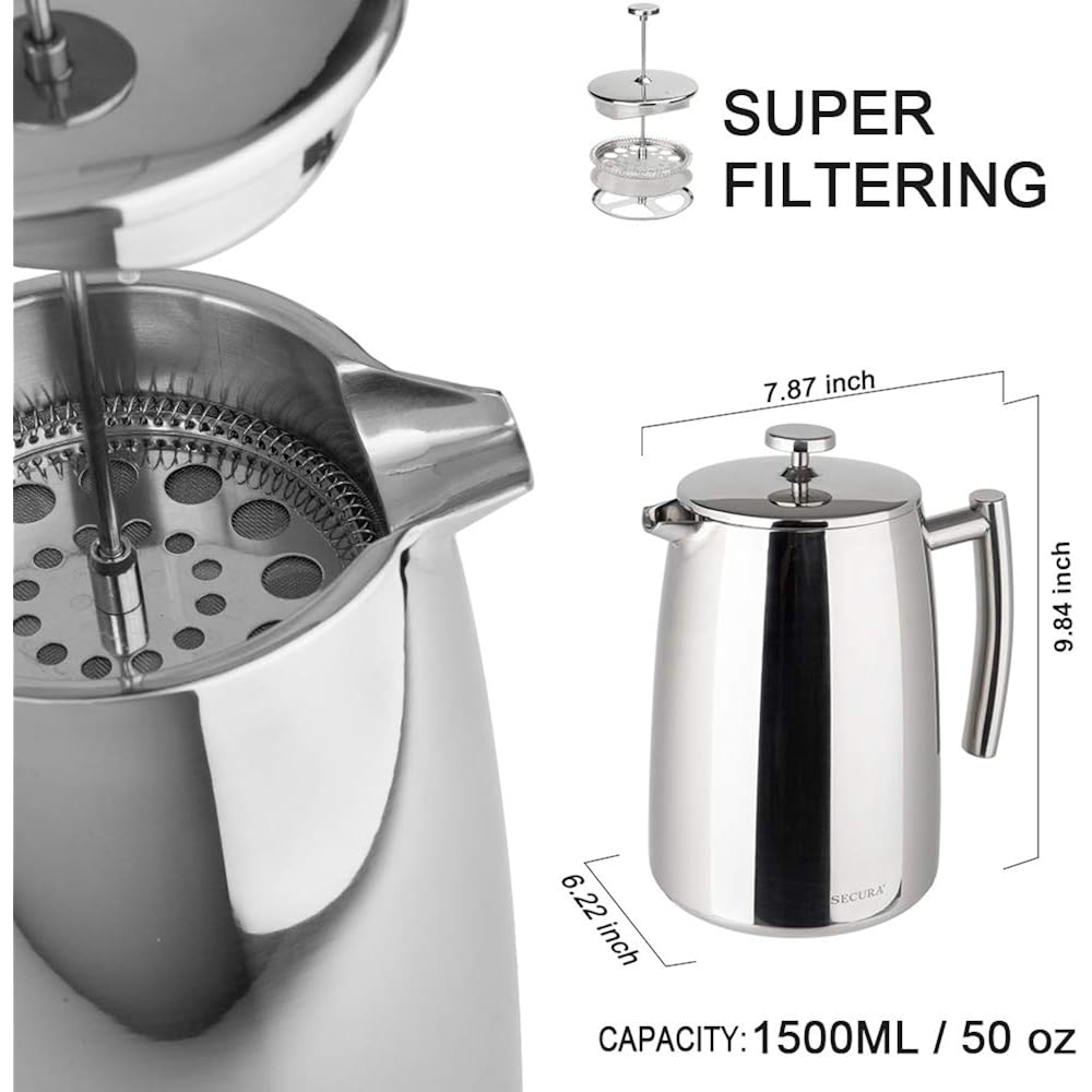 Secura French Press Coffee Maker, 50-Ounce, 304 Stainless Steel Insulated Coffee Press With Extra Screen