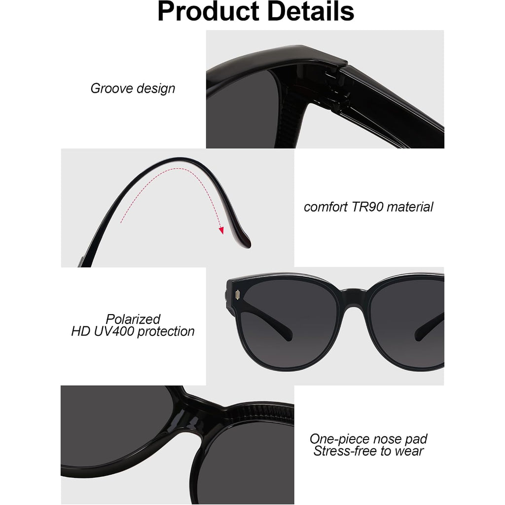 Polarized Fit Over Glasses Sunglasses for Women Stylish Oversized Cover Round UV400 Cat Eye Shades for go out Driving （black/Black+purple/Black）