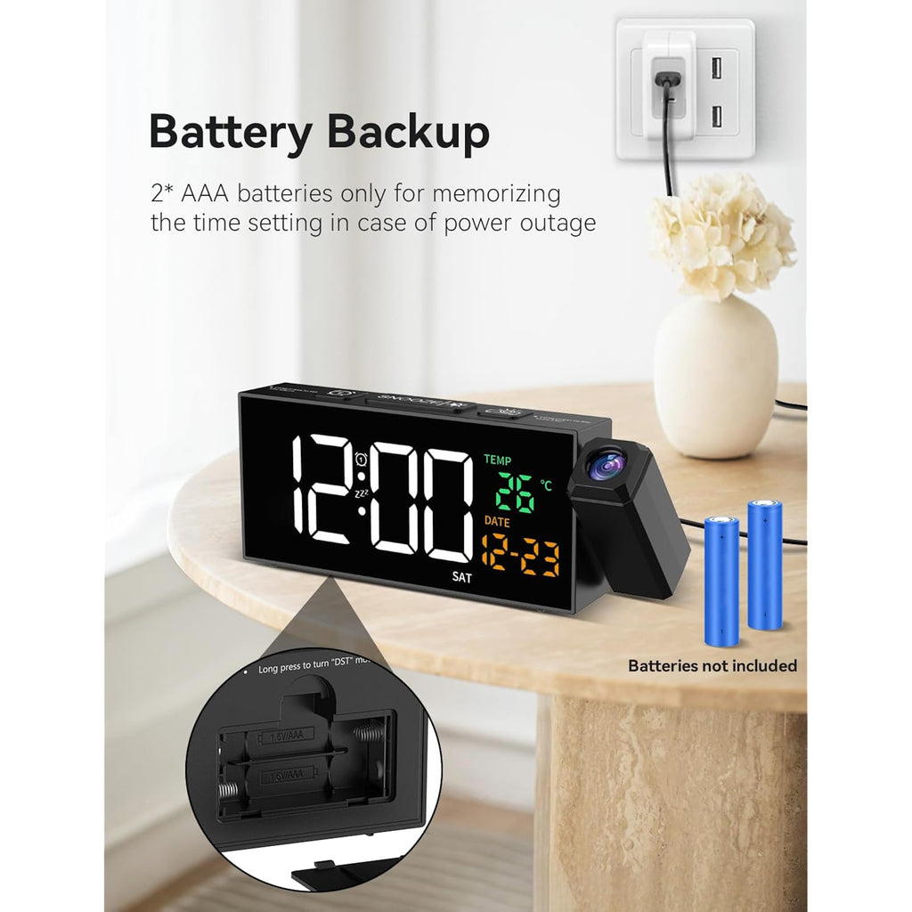 Projection Clock For Bedroom Ceiling, Alarm Clocks With 180° Rotatable Projector, Date Temperature And Weekday, Manual Dst, 5 Brightness, 10 Ringtones, 4 Volumes And Snooze (Black)