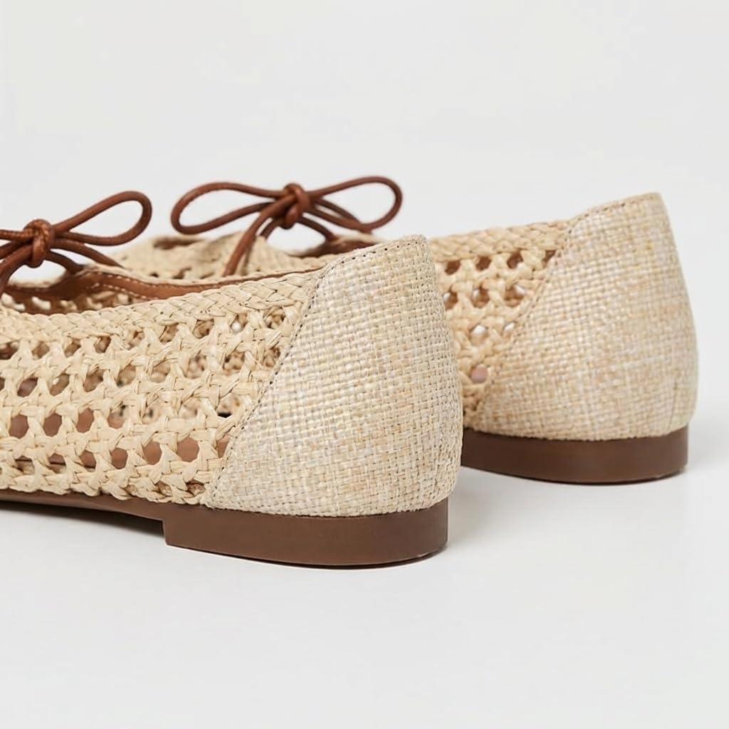 Women Woven Mesh Ballet Flats Raffia Lace Up Ballerina Mary Jane Flats Fashion Casual Slip On Shoes