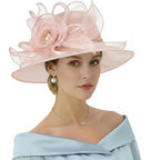 Dreshow Women Organza Hat Church Cap Hats Clearance Kentucky Derby Cocktail Tea Party Wedding Flower Hat With Wide Brim