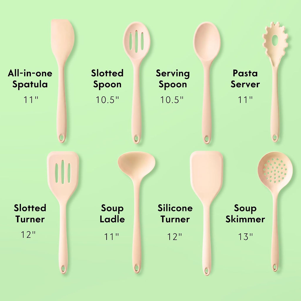 Nontoxic Platinum Silicone Utensils, 100% Plastic-Free, 8-Pcs, Beige | Lfgb-Certified Platinum Silicone. Solid Steel Core, No Hidden Plastics. 500°F Heat Resistant. Non-Scratch. Dishwasher Safe