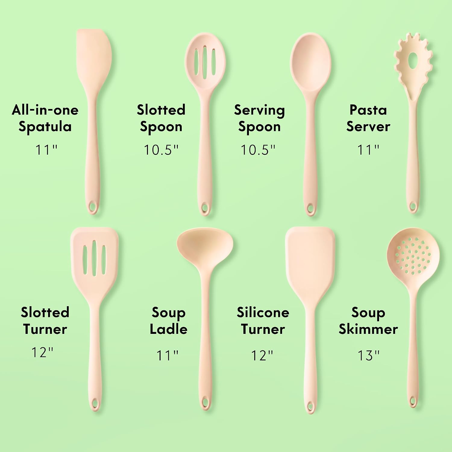 Nontoxic Platinum Silicone Utensils, 100% Plastic-Free, 8-Pcs, Beige | Lfgb-Certified Platinum Silicone. Solid Steel Core, No Hidden Plastics. 500°F Heat Resistant. Non-Scratch. Dishwasher Safe