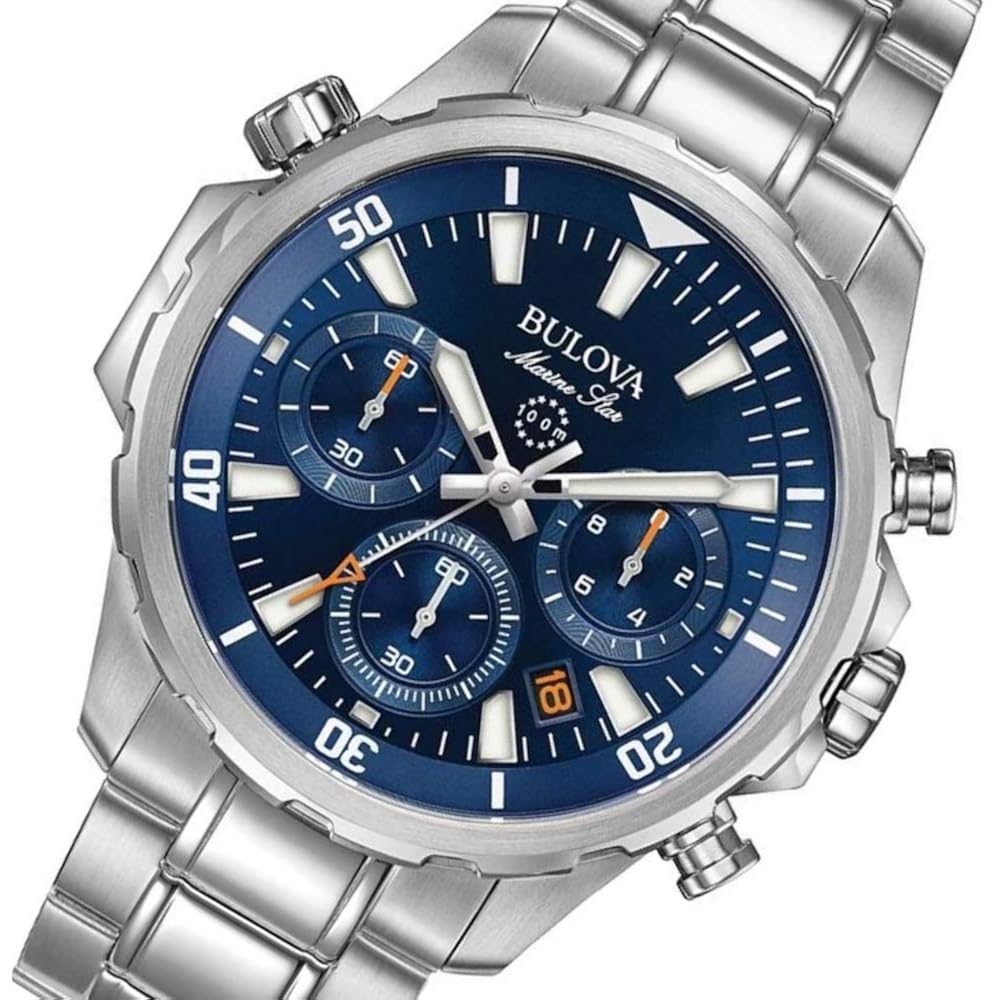Bulova Men'S Marine Star Series B Stainless Steel 6-Hand Chronograph Quartz Watch, Blue Dial Style: 96B256