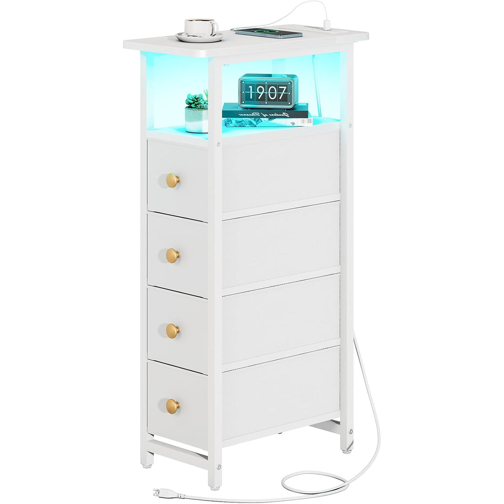 Yoobure Led Narrow Nightstand With Charging Station - Slim Dresser For Bedroom Narrow Side Table Storage Cabinet, Small Dressers Chest Of Drawers, Tall Night Stand End Table For Small Spaces, White
