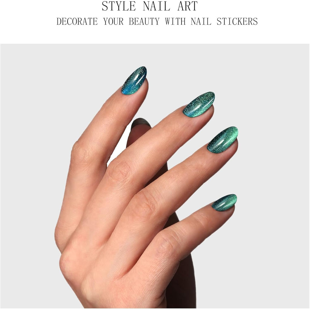 JMEOWIO Gel Nail Stickers Green Cat Eye Semi Cured Gel Nail Strips Wraps UV/LED Nails Art Design Decoration Accessories