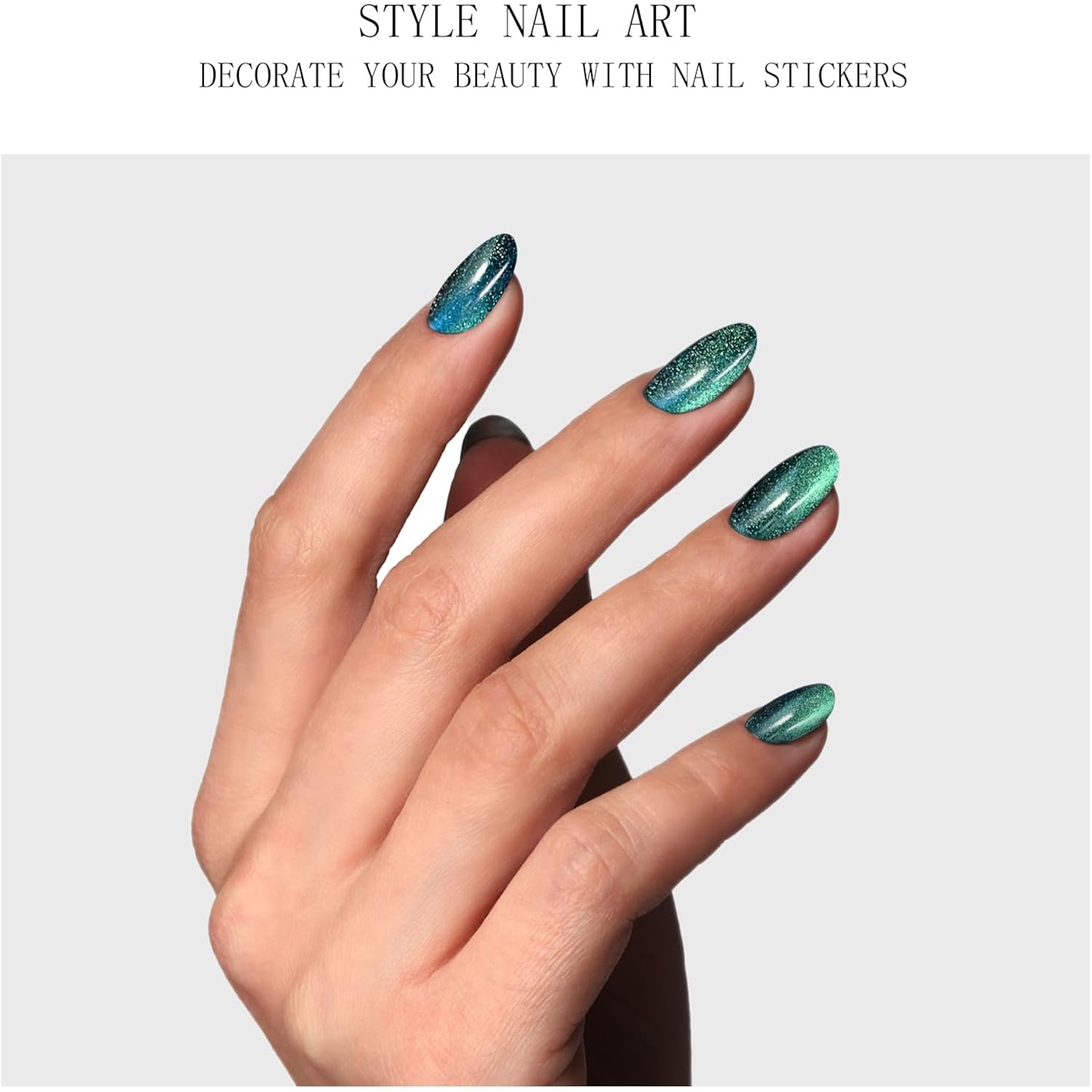 JMEOWIO Gel Nail Stickers Green Cat Eye Semi Cured Gel Nail Strips Wraps UV/LED Nails Art Design Decoration Accessories