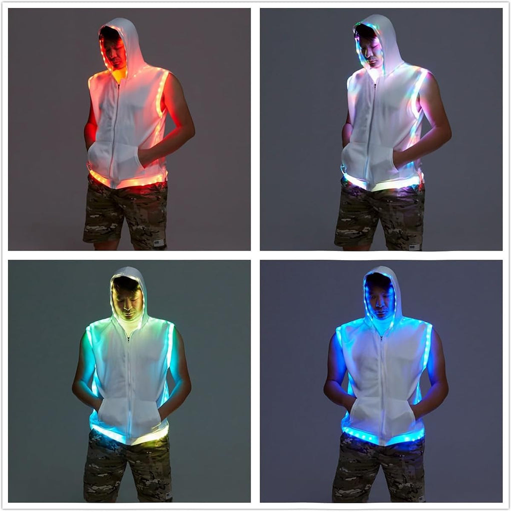 Men White Hooded Tank Led Light Up Sync Burning Man Rave Tops Night Club Show For Halloween Dance Party