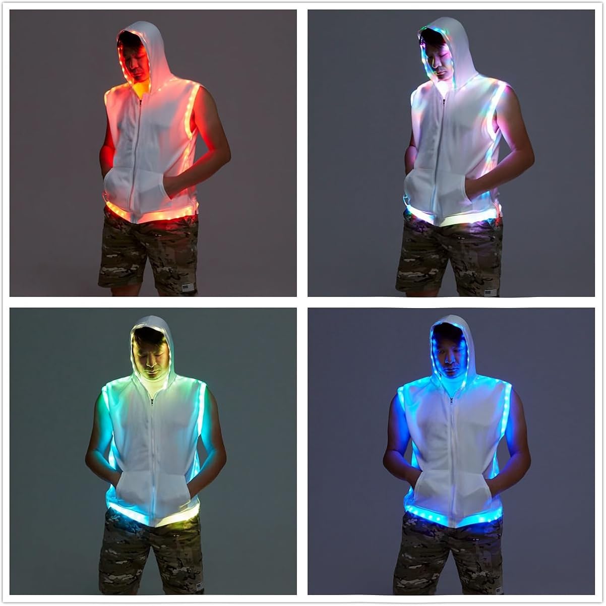 Men White Hooded Tank Led Light Up Sync Burning Man Rave Tops Night Club Show For Halloween Dance Party