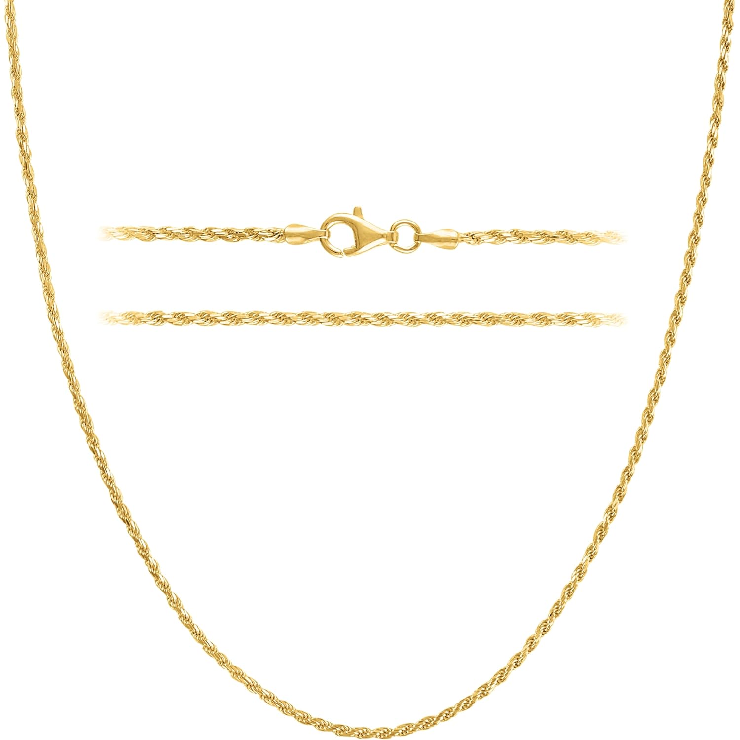 KISPER Solid 18K Gold Over 925 Sterling Silver Italian Diamond-Cut 1.5mm Braided Rope Chain Necklace - for Men & Women with Lobster Clasp - Made in Italy