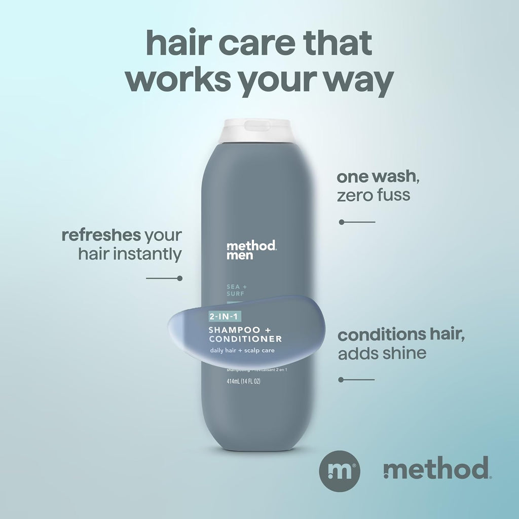 Method Men 2-In-1 Shampoo And Conditioner, Sea + Surf - Cleans And Conditions With Argan And Jojoba Oil - Made Without Parabens - 14 Oz