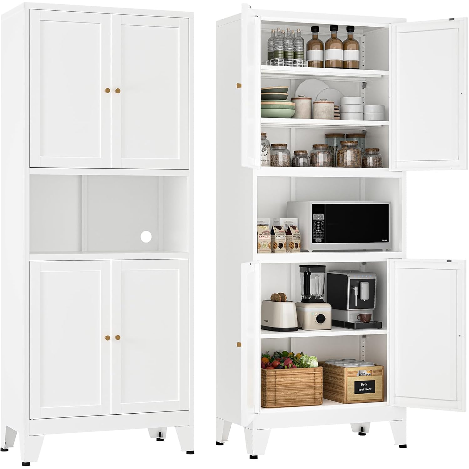 69" Tall Metal Kitchen Pantry Cabinet With Microwave Shelf, 4 Doors & 3 Adjustable Shelves, Heavy Duty Food Storage Cabinet With Anti-Tip Design For Kitchen,Dining Room (1Pc,White)