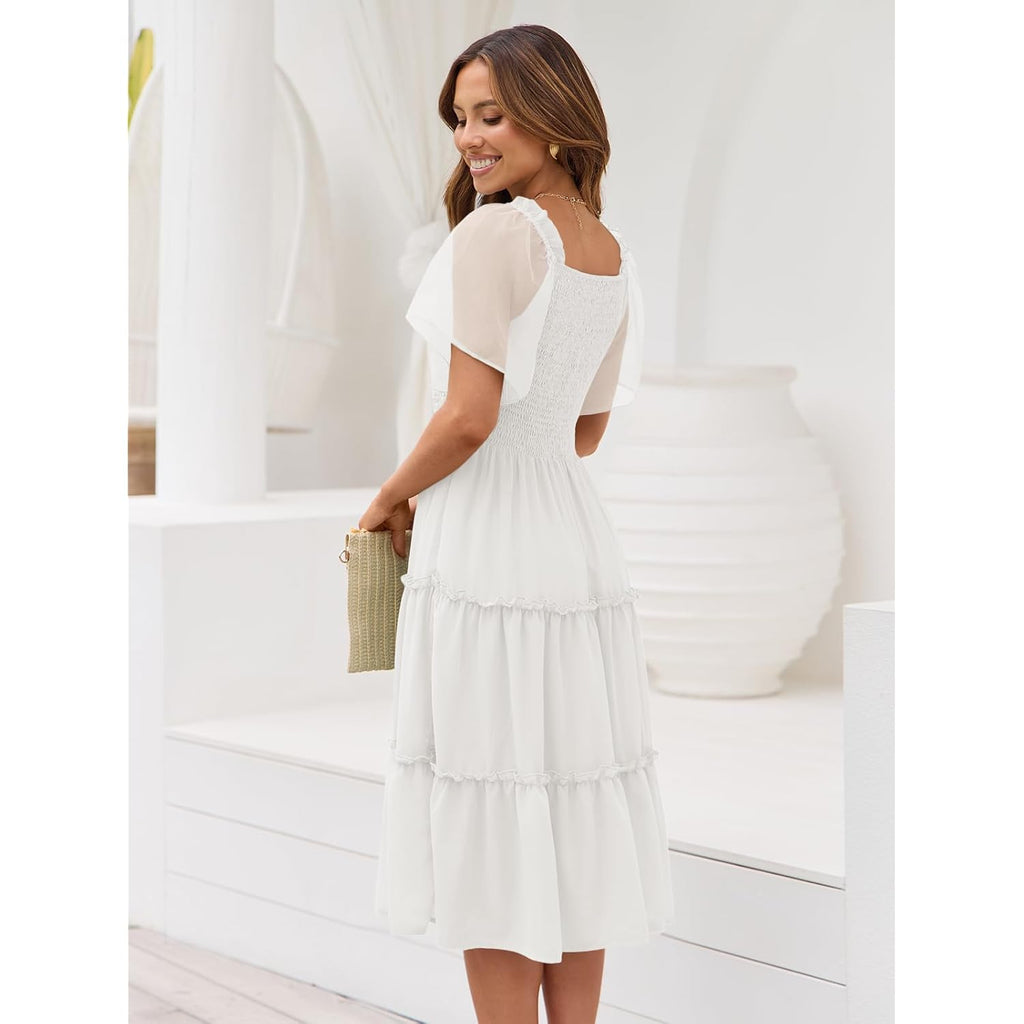 Lillusory Women'S Summer Casual Flutter Sleeve Square Neck Smocked Midi Dress