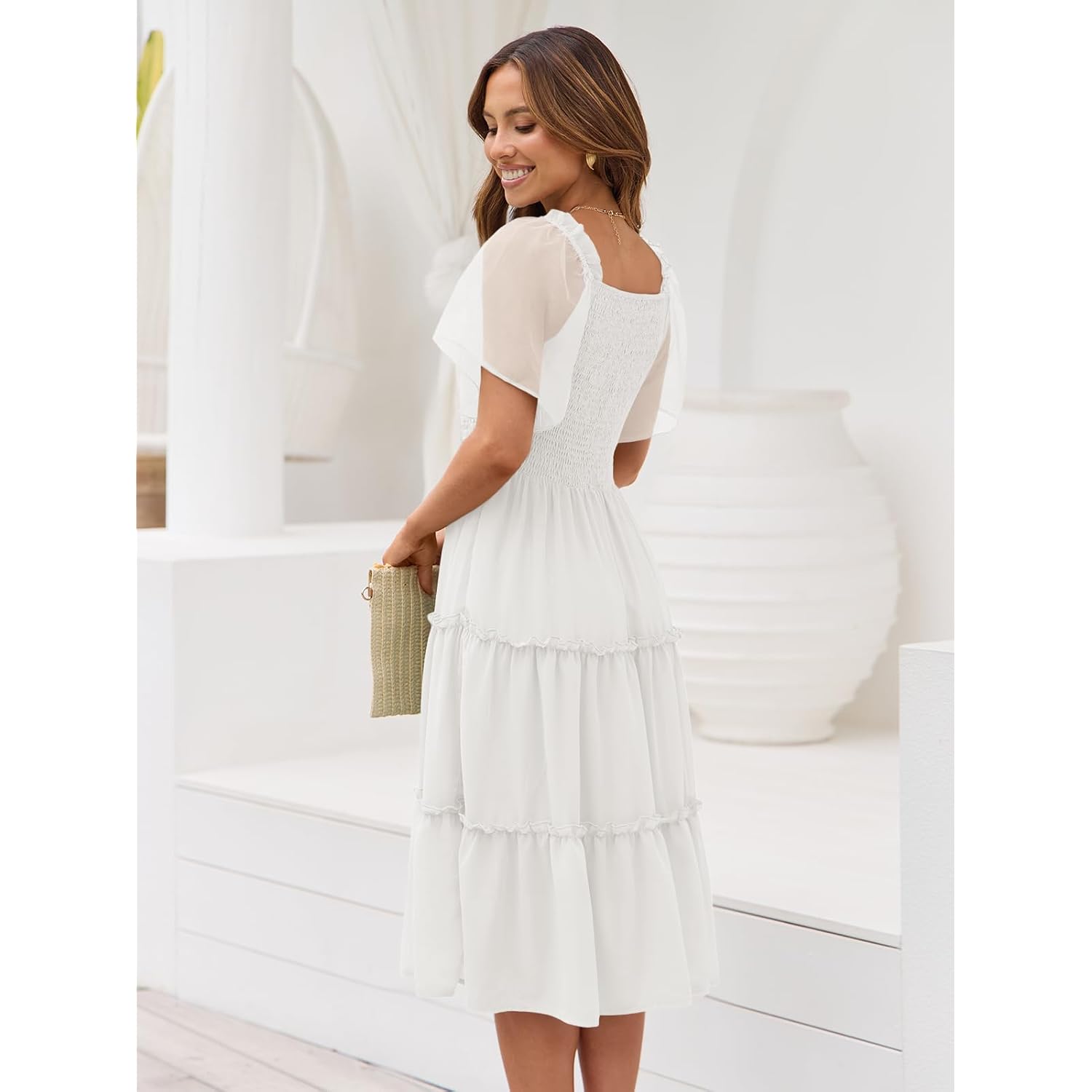 Lillusory Women'S Summer Casual Flutter Sleeve Square Neck Smocked Midi Dress