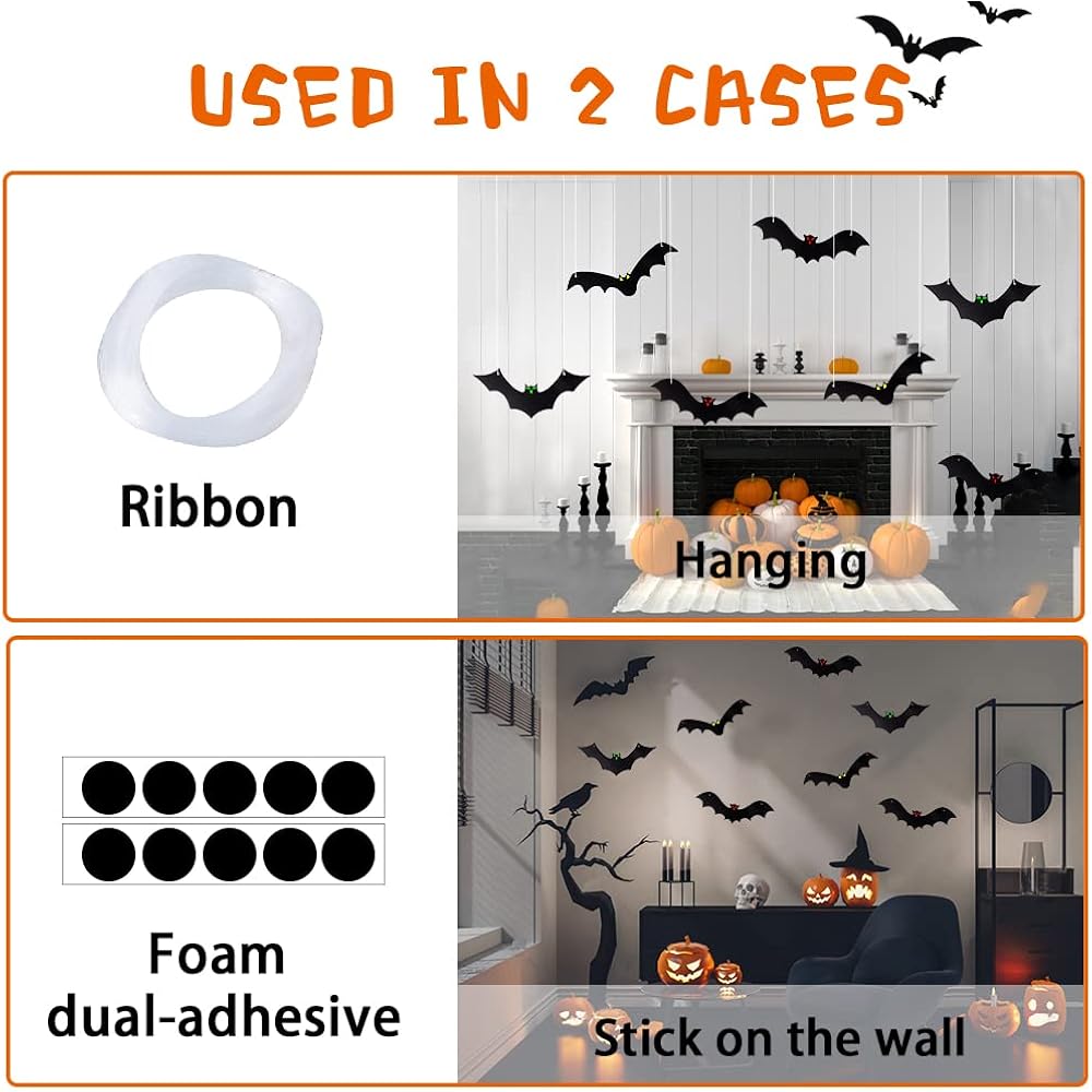 Yujun Halloween Hanging Bats 12 Pieces 3D Realistic Scary Large Fake Black Hanging Flying Bat Spooky For Yard Sign Outdoor Indoor Lawn Decorations(3 Style)
