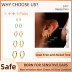 5 Pairs 14K Gold Plated Huggie Hoop Earrings for Women - Lightweight Minimalist Small Hoops, Hypoallergenic Nickel-free Lead-free, Non-Tarnish Everyday Jewelry for Sensitive Ears, Multiple Piercing Stack Set