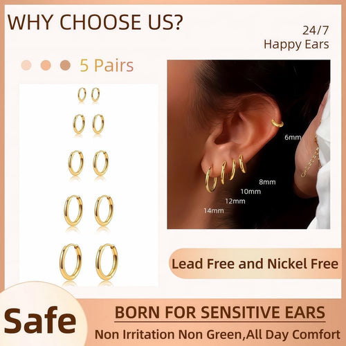 5 Pairs 14K Gold Plated Huggie Hoop Earrings for Women - Lightweight Minimalist Small Hoops, Hypoallergenic Nickel-free Lead-free, Non-Tarnish Everyday Jewelry for Sensitive Ears, Multiple Piercing Stack Set