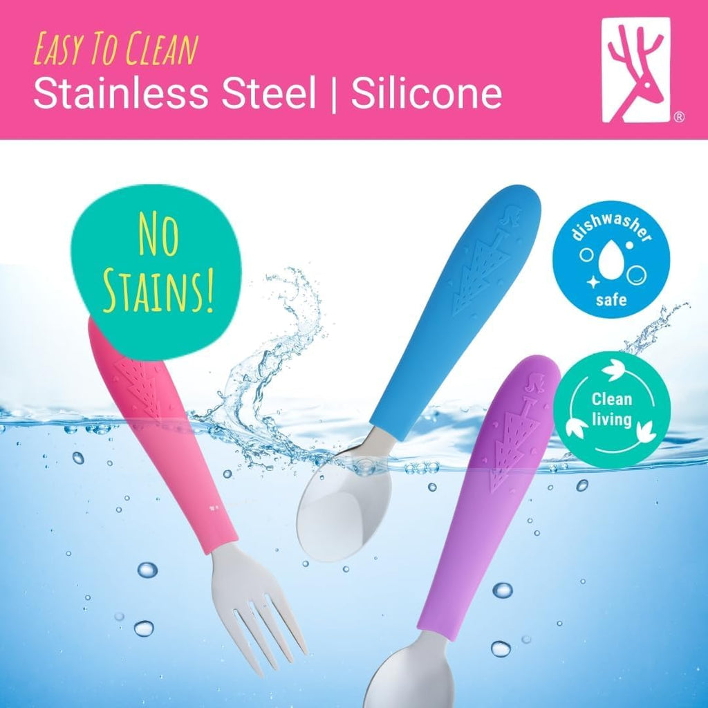 Elk and Friends Kids Silverware with Silicone Handle | Childrens Safe Flatware | Toddler Utensils | Baby Spoons + Forks | Stainless Steel Cutlery | Dishwasher Safe | 6 Pieces