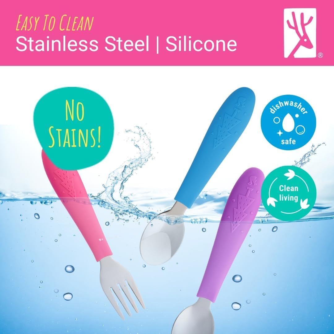 Elk and Friends Kids Silverware with Silicone Handle | Childrens Safe Flatware | Toddler Utensils | Baby Spoons + Forks | Stainless Steel Cutlery | Dishwasher Safe | 6 Pieces