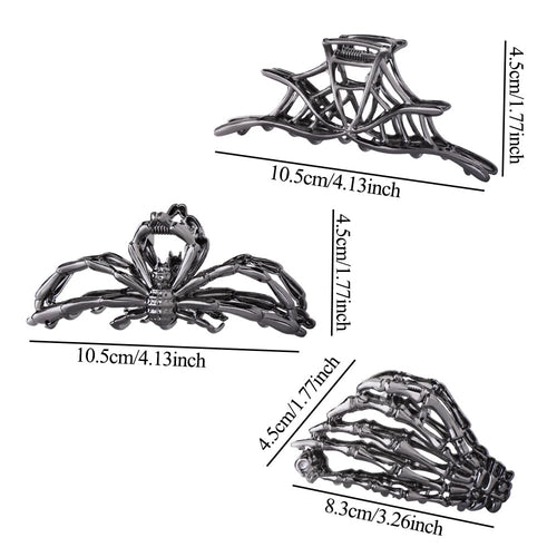 3Pcs Black Spider Web Skeleton Hand Skull Hair Claw Clips For Women And Girls, Hiphop Metal Large Medium Size For Thick Thin Hair, Headband Barrette For Styling Hair Accessories Party Gift (Black Gun)